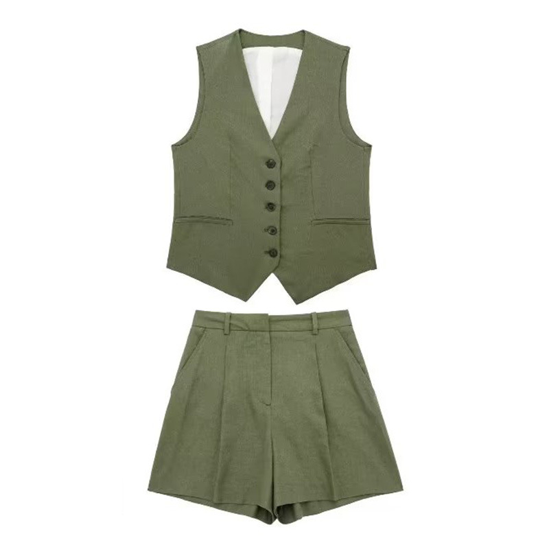 V neck Single Breasted Vest High Waist Wide Leg Shorts Suit Green - Shop at LoveMi