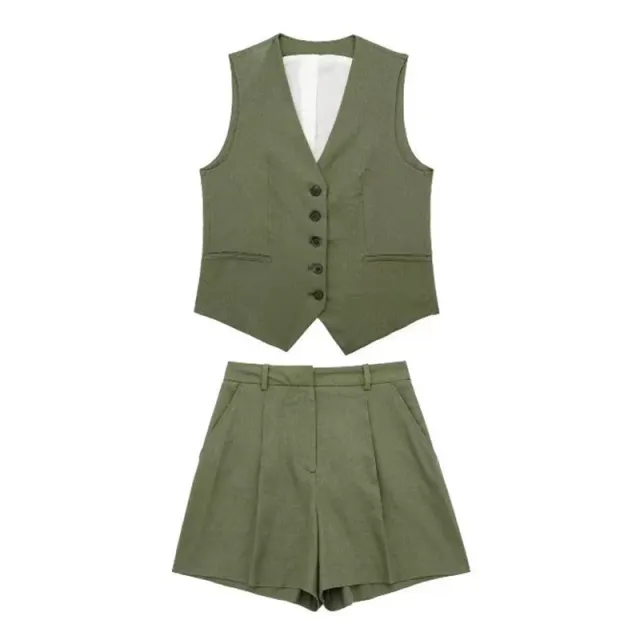 V neck Single Breasted Vest High Waist Wide Leg Shorts Suit Green - Shop at LoveMi