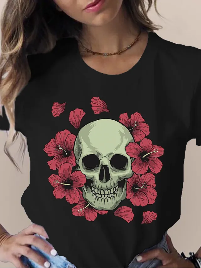 Women's Skull Flower Printed Round Neck Short Sleeve T shirt Black 3745 - Shop at LoveMi