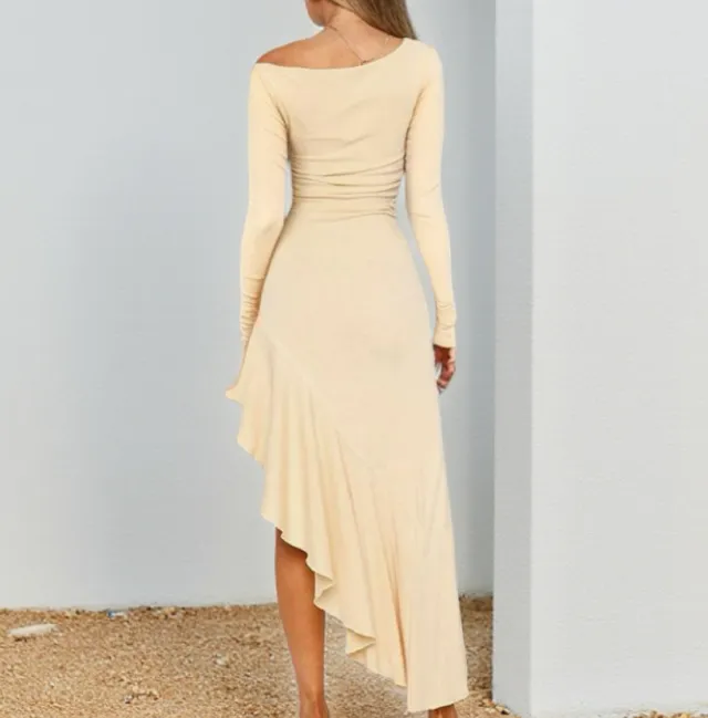 Wave Swing Slant Shoulder Elegant Waist Long Sleeve Dress Apricot - Shop at LoveMi