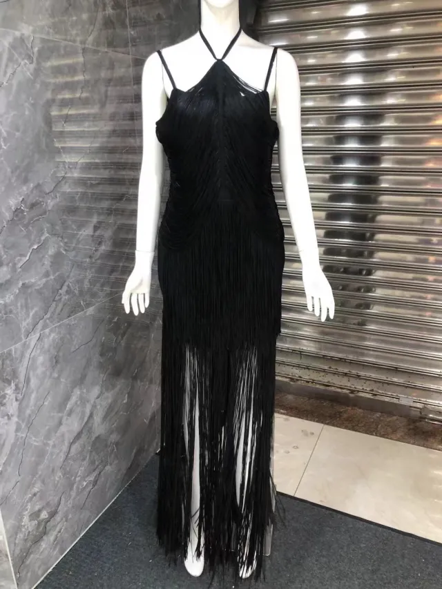 Green Halter Spaghetti Straps Tassel Dinner Ball Dress Black - Shop at LoveMi