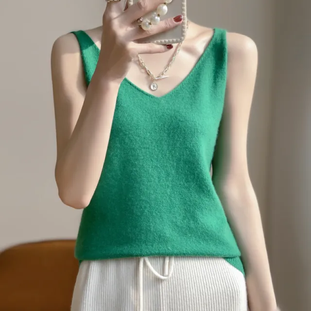 Women's Sleeveless V neck Solid Color Cashmere Vest Emerald - Shop at LoveMi