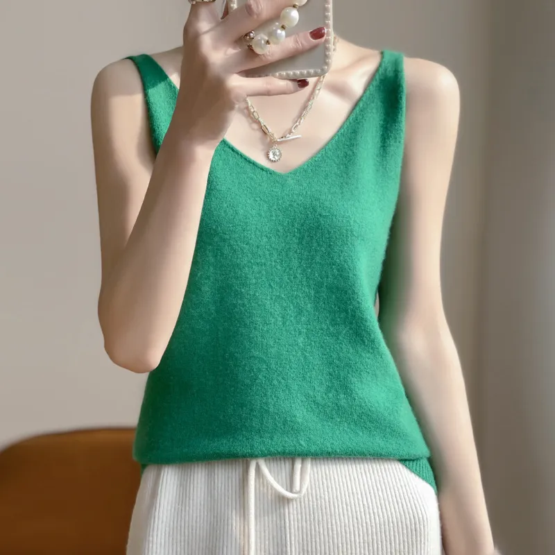 Women's Sleeveless V-neck Solid Color Cashmere Vest - Emerald-Xxl