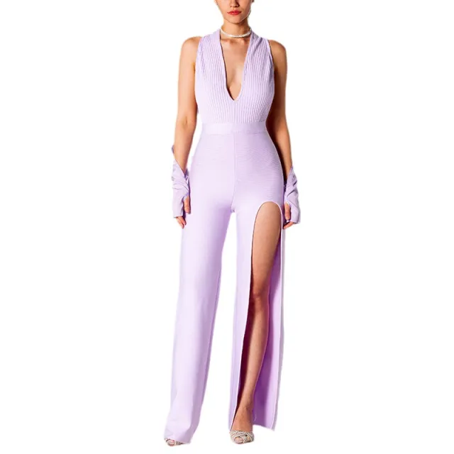 Summer Backless Halter V neck Slimming Backless Slit Jumpsuit Light Purple - Shop at LoveMi