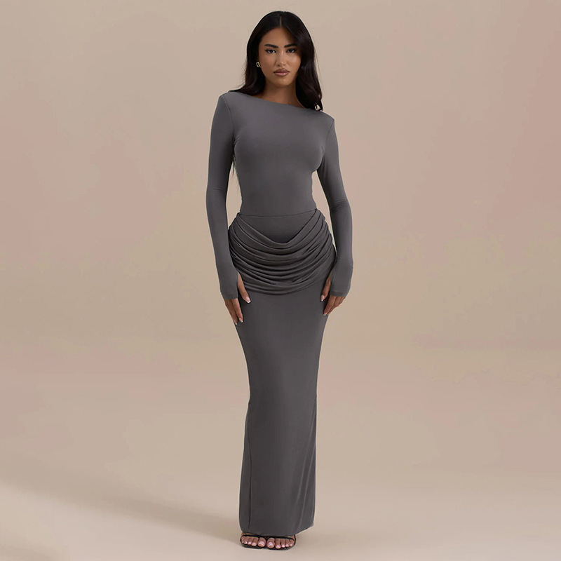 Autumn And Winter New Sexy Slim fit Long Sleeve Pleated High slit Long Dress Gray - Shop at LoveMi
