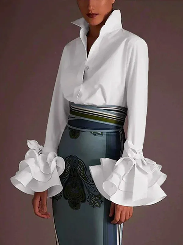 Women's Solid Color Slim Casual Ruffle Sleeve Shirt Top White - Shop at LoveMi