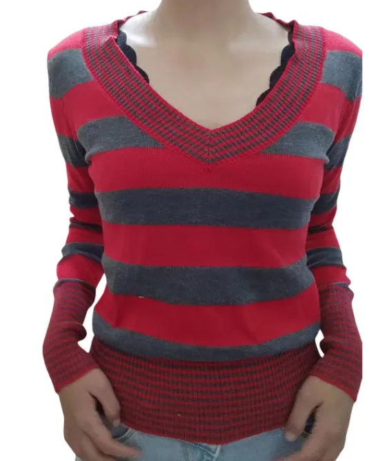 Women's Striped Peach Collar Tight Flared Sleeve Sweater Gray And Red - Shop at LoveMi
