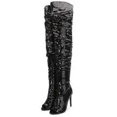 Sequin Fashion Fish Mouth Over The Knee High Heel Long Boots - Black - View 1