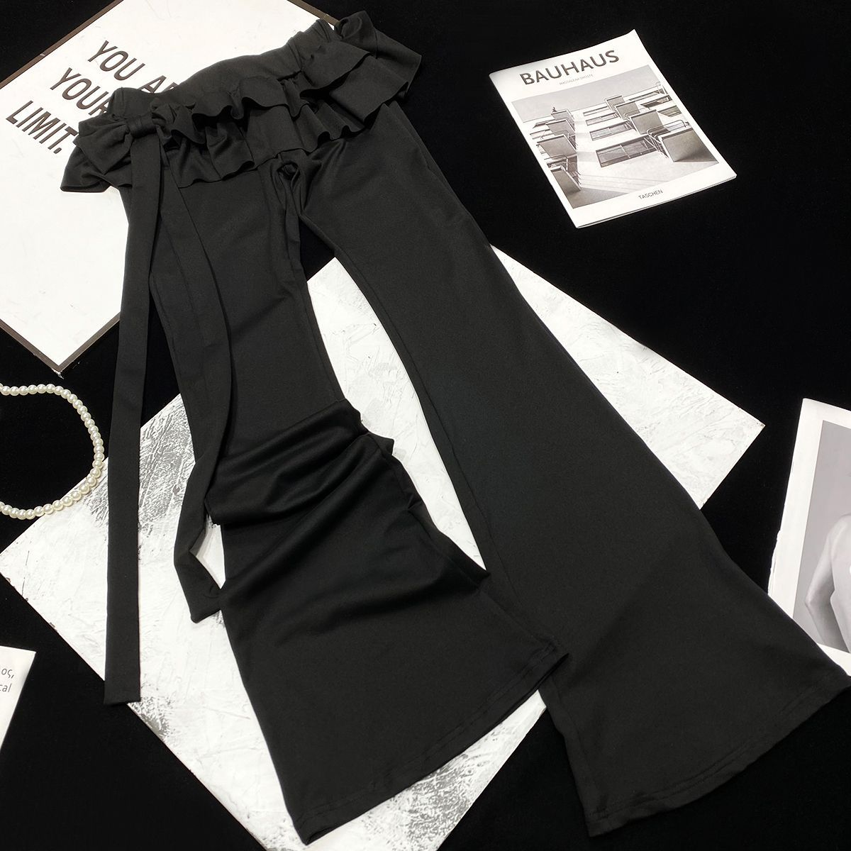Fake Two-piece Bow-tie Lace-up Low-rise Flared Pants For Women