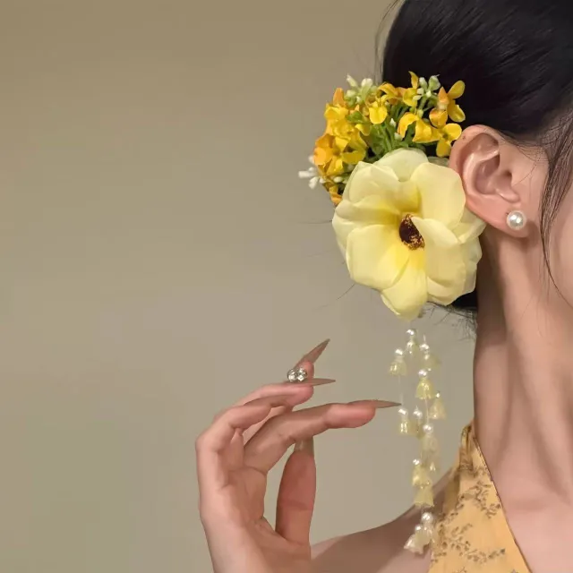 Super Fairy Pure Desire Yellow Atmosphere Pearl Linglan Tassel Side Clip Hair Accessories Yellow - Shop at LoveMi