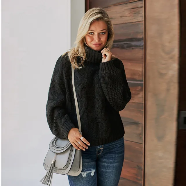 Thick Warm Sweater Women's Solid Color Turtleneck Loose Pullover Top Black - Shop at LoveMi