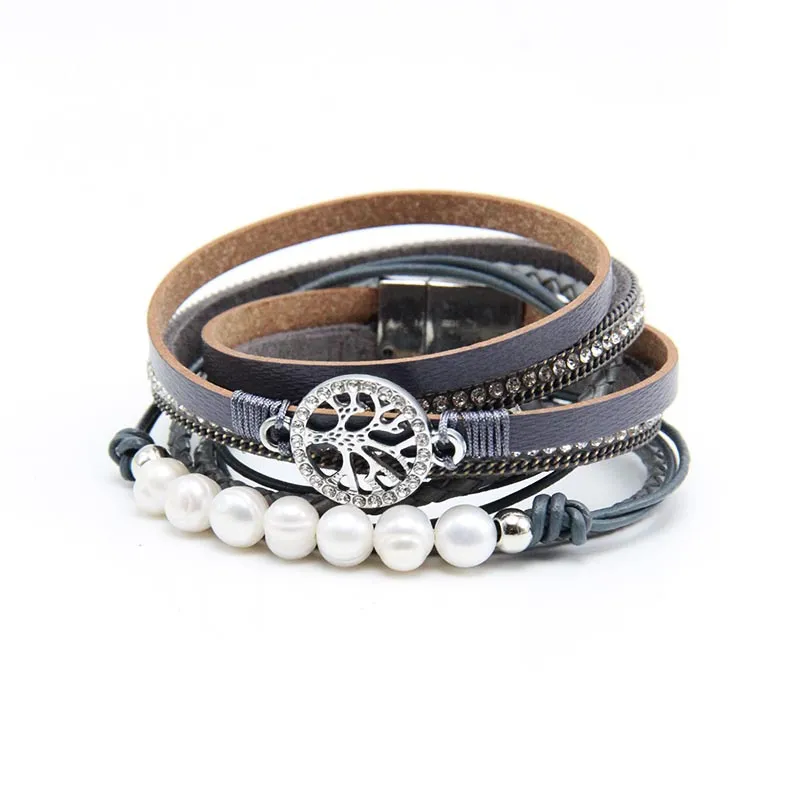 Hollow Tree Of Life Leather Pearl Magnetic Clasp Bracelet - Gray