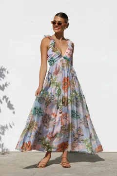 Women's Printed V-neck Large Swing Suspender Dress - Flowers - View 1