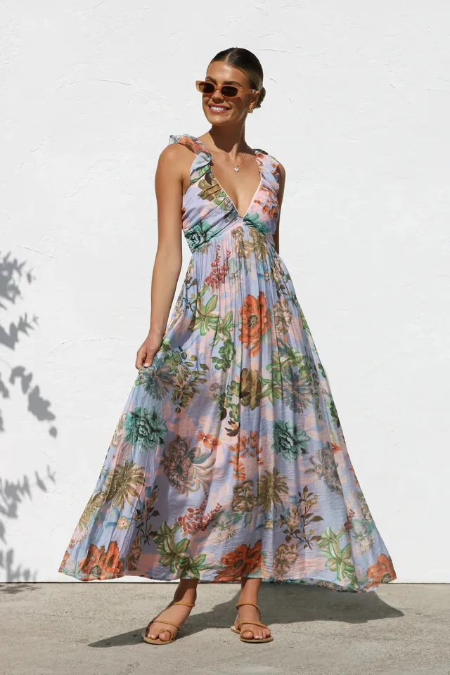 Women's Printed V neck Large Swing Suspender Dress Flowers - Shop at LoveMi