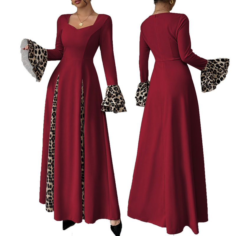 European And American Women's Clothing Leopard Print Contrast Color Long Dress