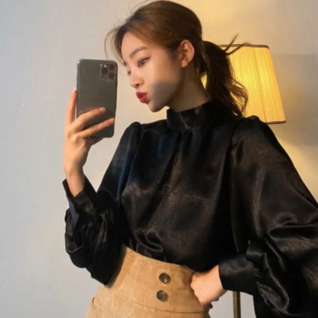 Early Autumn French Fashion Stand Collar Personalized All match Lantern Sleeve High grade Satin Shirt Black - Shop at LoveMi