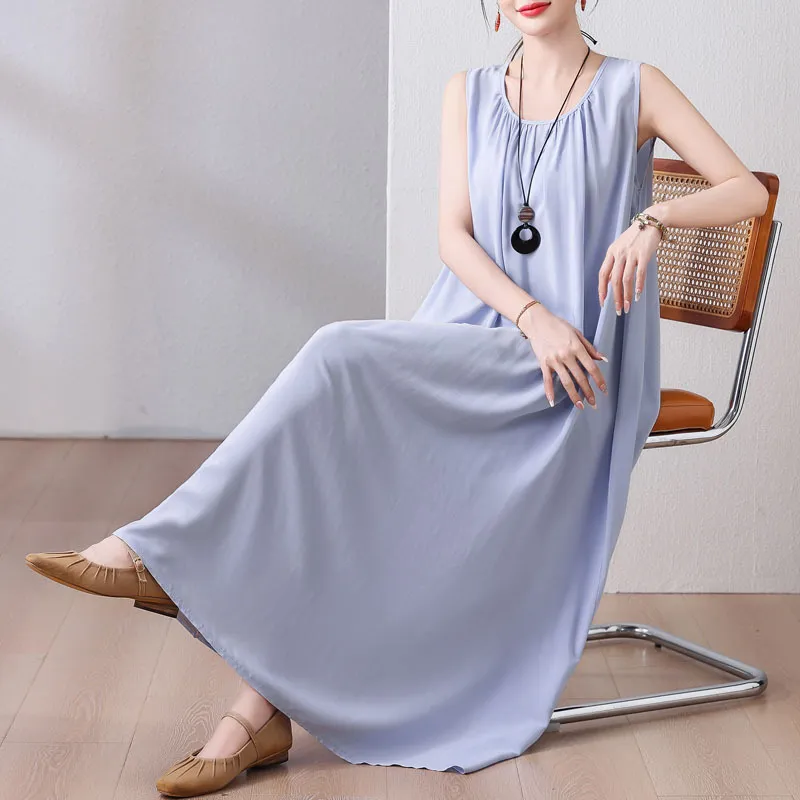 Colorful Beach French Cotton Summer Vest Dress - Light Blue
