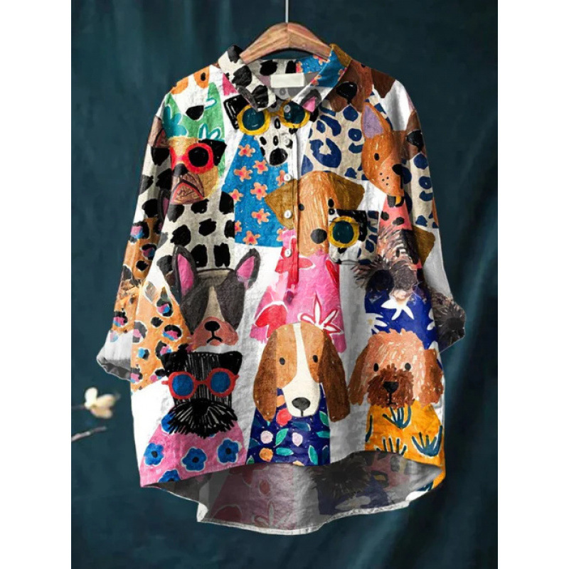 Womens European And American-style Retro Digital-print Animal Shirt