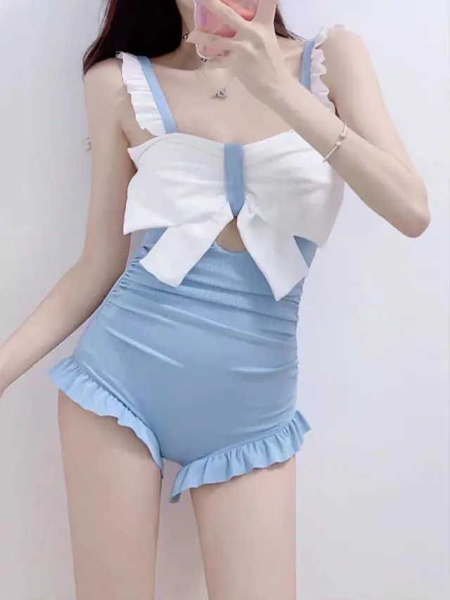 One piece Swimsuit Women's Japanese Style Fresh Pure Desire Cover Belly And High Waist Cute Blue - Shop at LoveMi