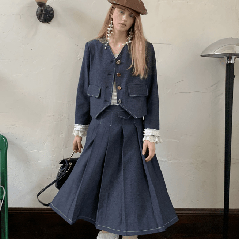 Dark Blue Denim Coat Skirt Suit