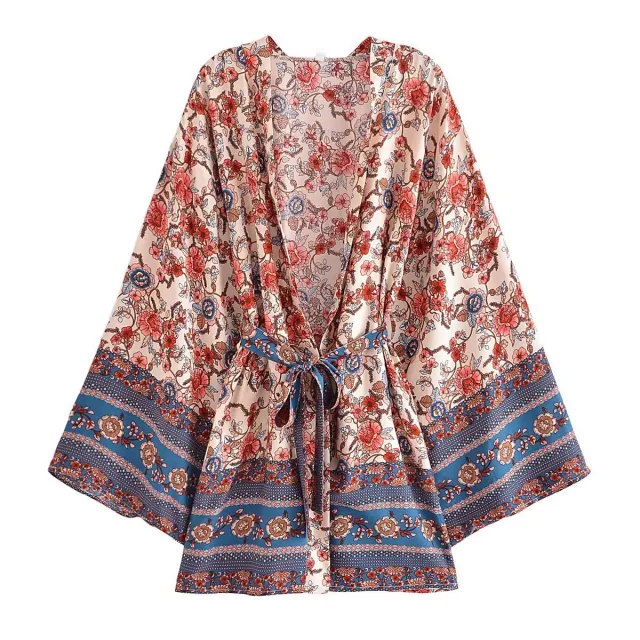Rayon Bohemian Printed Belt Kimono Jacket Cardigan Beige Pink - Shop at LoveMi