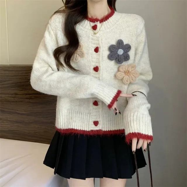 French Style Temperament Flower Round Neck Sweater Short Knitted Cardigan Apricot - Shop at LoveMi