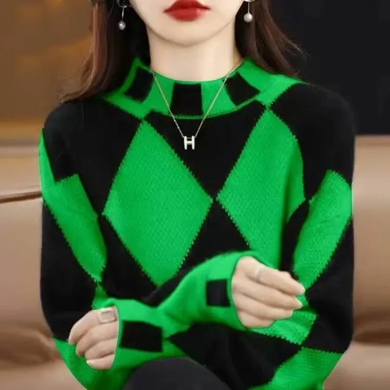 Mock Neck Sweater Bottoming Shirt New Color Matching - Green