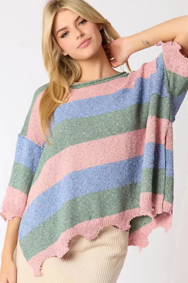 Women's Multi color Stripe Contrast Color Short sleeved Shirt Knitted Sweater Dark Blue - Shop at LoveMi