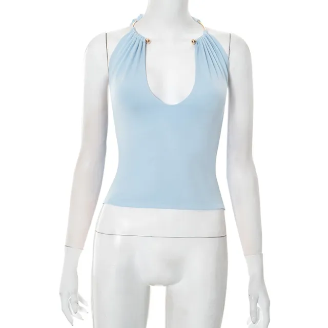 Metal Neck Spliced Ribbon T shirt Top Blue - Shop at LoveMi