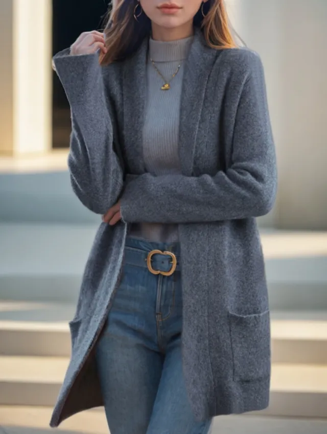 New Polo Collar Solid Color Long sleeved Knitted Cardigan Loose Pockets Sweater Coat For Women Gray - Shop at LoveMi