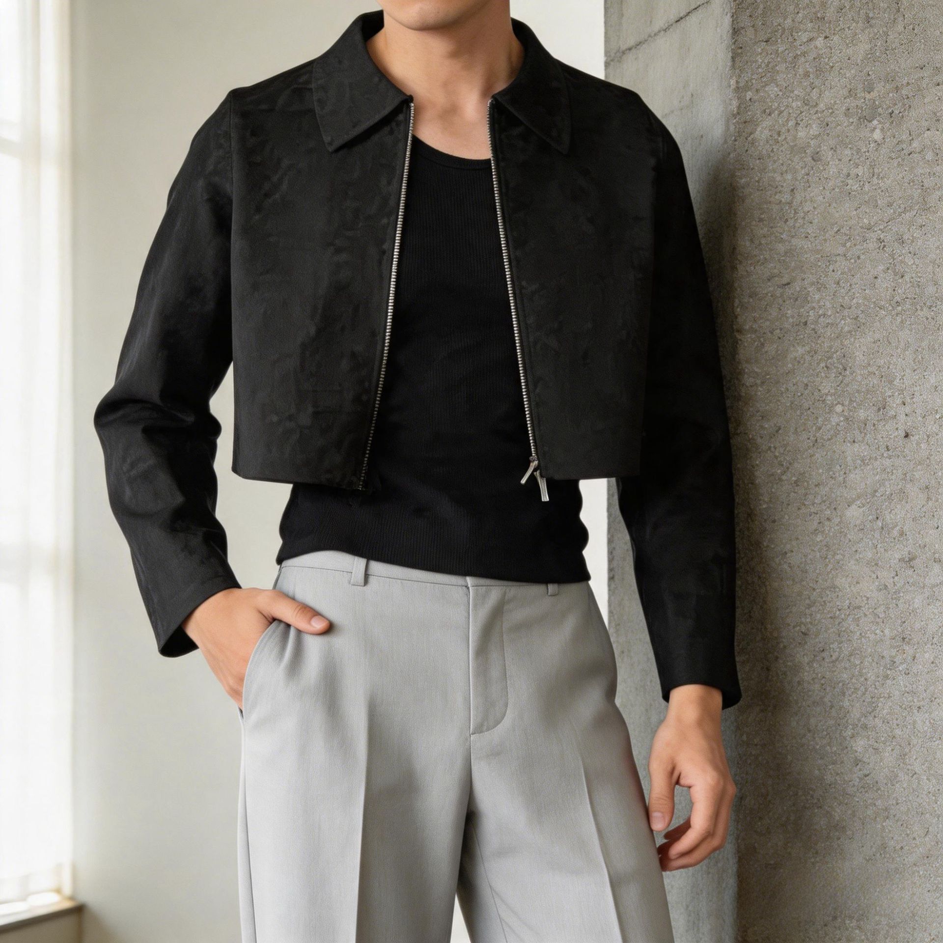 Mens Lapel Jacket With A Two-way Zipper Outerwear
