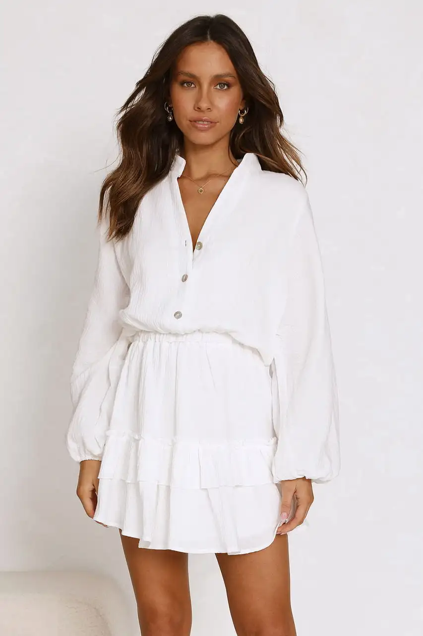 Button Long Sleeve Loose Shirt Elastic Waist Flounced Skirt