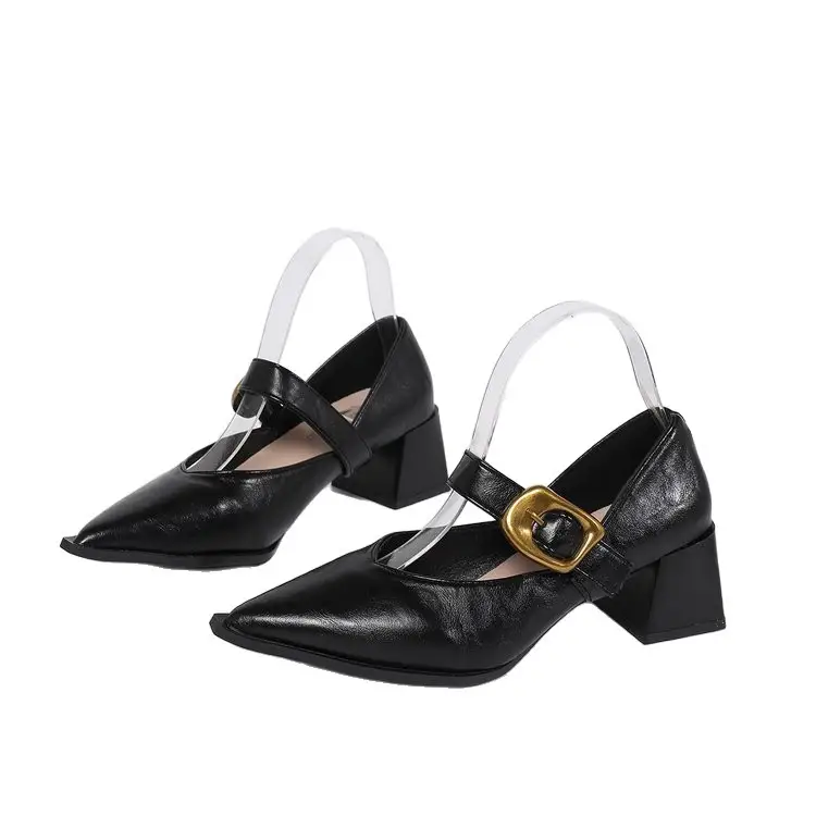 Chunky-heeled Peep-toe Slingback Leather Shoes Womens Style Pointed V-cut Mid-heel Pumps