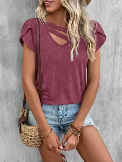 V-neck Stitching Petal Sleeve Loose T Top For Women - 335Tc By250116 06 - View 1