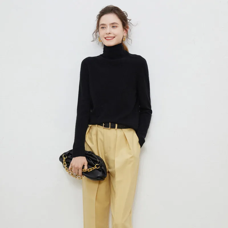 New Women's Loose-fit Ribbed Turtleneck Cropped Knit Pullover Sweater - Obsidian Black