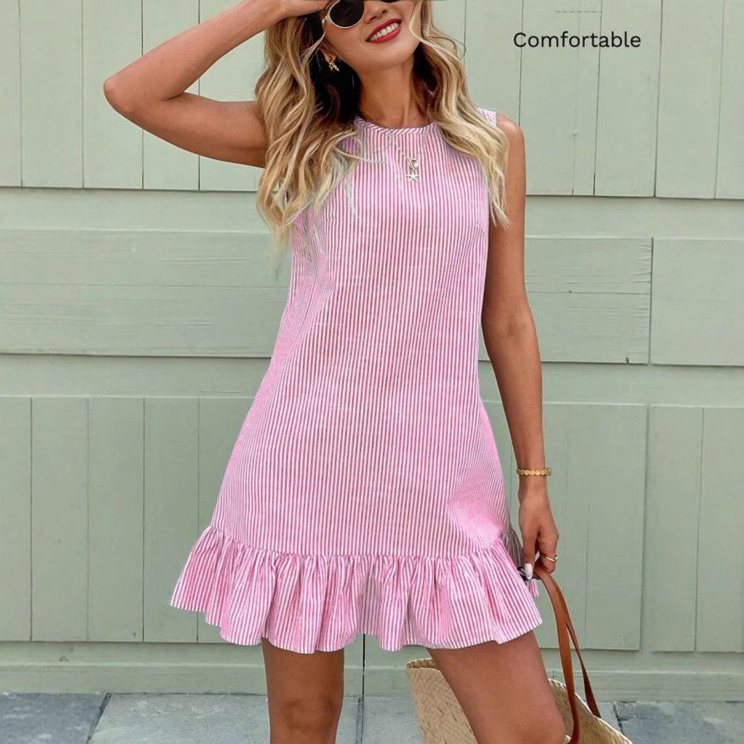 Autumn Striped Cotton Linen Sleeveless Ruffles Dress Rose - Shop at LoveMi