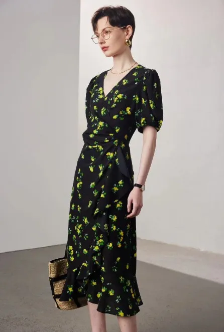 Women's Stomach Blanket style Lace Printing Short sleeved Silk Dress Black And Yellow - Shop at LoveMi