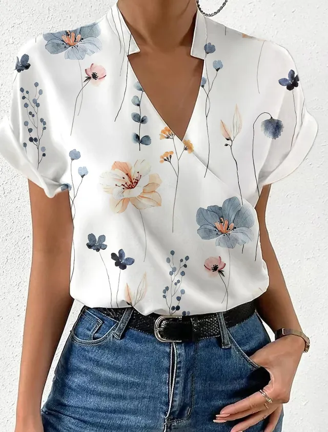 Summer Loose V neck Stand Collar Printed Shirt Gray - Shop at LoveMi