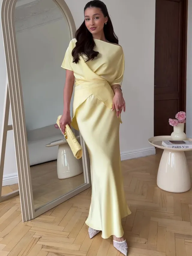 Short Sleeve Tied Top & Maxi Mid length Dress Set Light Yellow - Shop at LoveMi