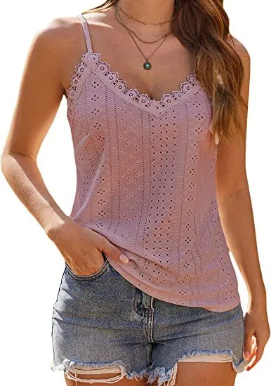 Solid Color Hollow Lace Strappy T shirt Pink - Shop at LoveMi