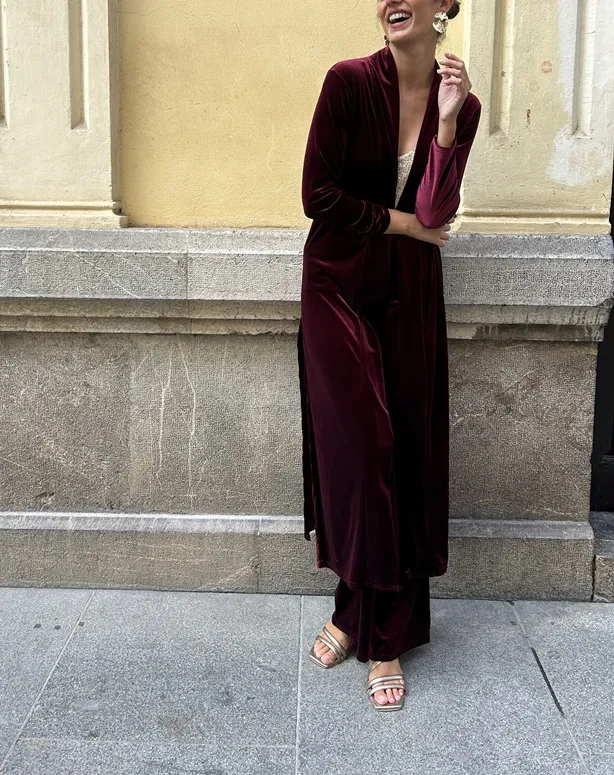 Velvet New Autumn And Winter Temperament Coat Casual Pants Thick Two piece Suit Fashion Women Wine Red Coat - Shop at LoveMi