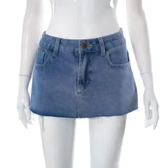 Women's Summer New Solid Colour Buttons Zipper Pocket Short Denim Skirt - Blue - View 1