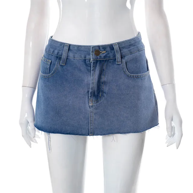 Women's Summer New Solid Color Buttons Zipper Pocket Short Denim Skirt Blue - Shop at LoveMi