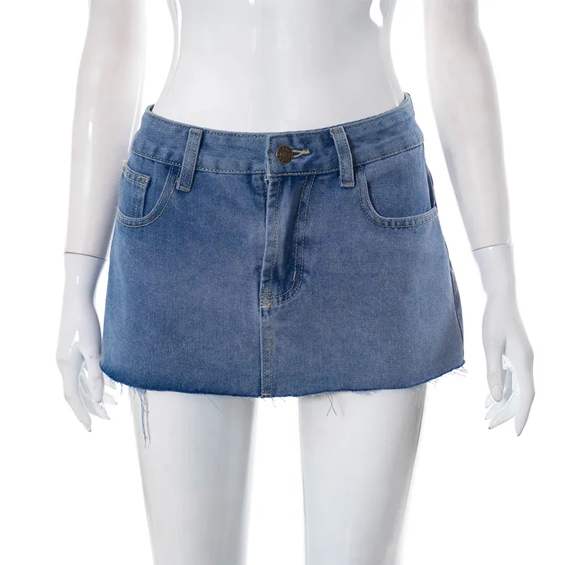 Women's Summer New Solid Colour Buttons Zipper Pocket Short Denim Skirt - Blue