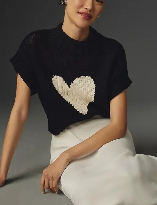 Peach Heart Round Neck Mid Collar Vest Sweater Black - Shop at LoveMi