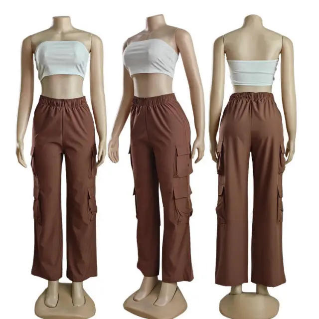 Casual Simple Trendy Multi pocket Solid Color Overalls Brown - Shop at LoveMi