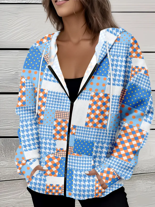 Casual All matching Fashion Trendy Plaid Stitching Breathable Zipper Sweater Mf08Jl250731Y140 - Shop at LoveMi