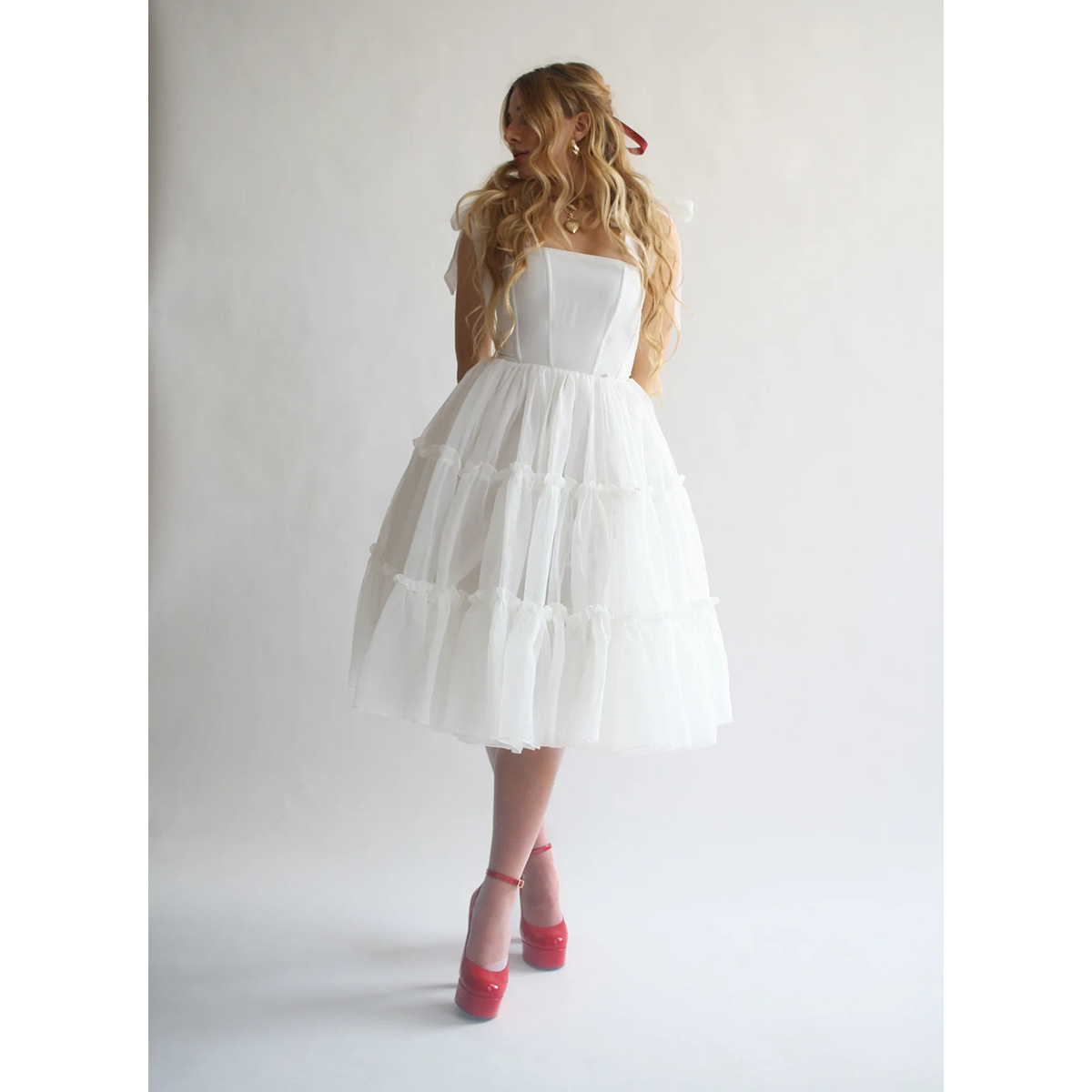 Square neck Solid color Wooden High waist Flared Sleeveless Dress White - Shop at LoveMi