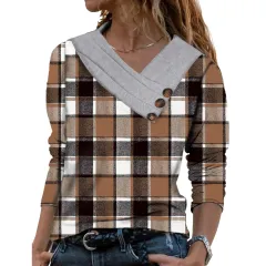 Women Scarf Collar T-shirt With Long Sleeves Hoodie Button Top - Khaki Plaid - View 1