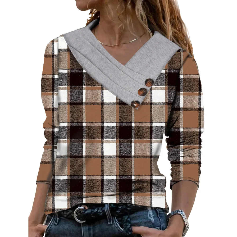 Women Scarf Collar T-shirt With Long Sleeves Hoodie Button Top - Khaki Plaid